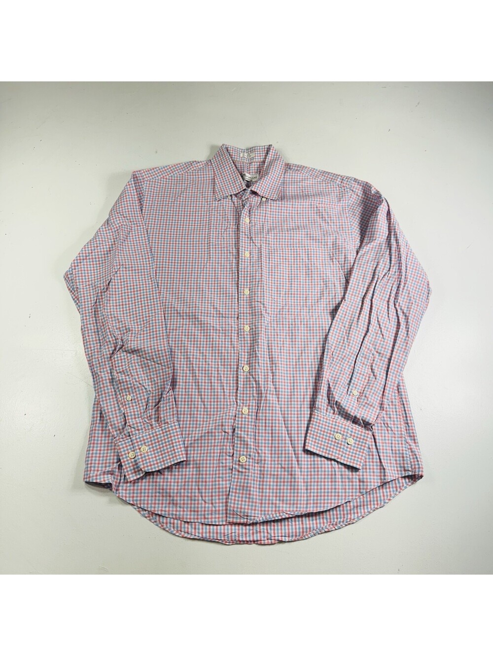 Peter Millar Crown Finish Button Down Shirt L/S Blue Pink Plaid Men’s Size Large